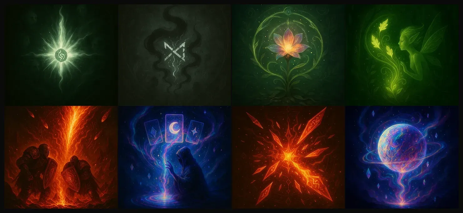 AI-designed card visuals for Arcana Bloom, a fantasy card game