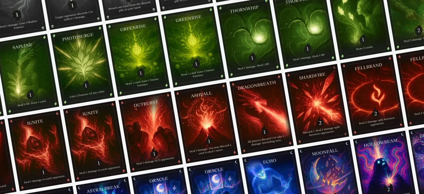 Cards from multiple decks of Arcana Bloom, a fantasy card game created with AI